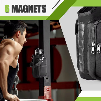 Magnetic Water Bottle Carrier with Phone Pocket and Shoulder Strap - Features 6 Built-In Magnets