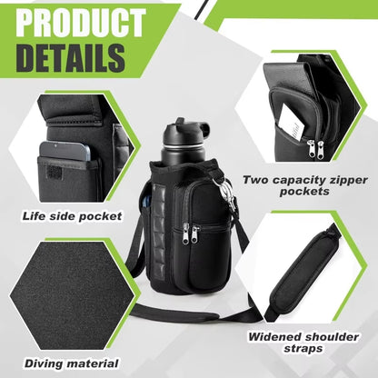 Magnetic Water Bottle Carrier with Phone Pocket and Shoulder Strap - Features 6 Built-In Magnets